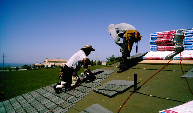 Worker Installing CertainTeed Centennial Slate shingles